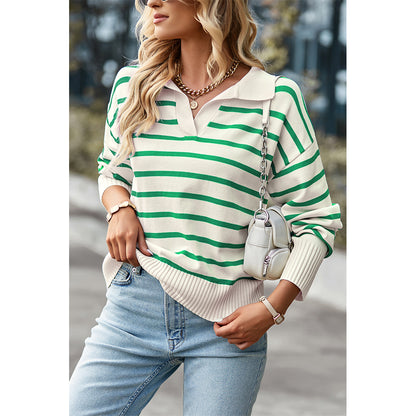 Attraco Women's Striped Collared Long Sleeve Knit Sweater Pullover Tops