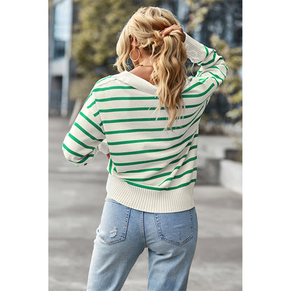 Attraco Women's Striped Collared Long Sleeve Knit Sweater Pullover Tops