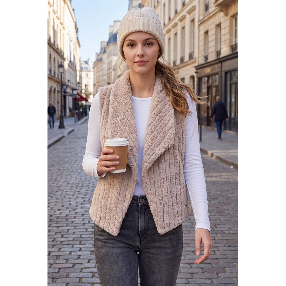 Attraco Women's Faux Fur Open Front Sleeveless Vest Soft Plush Shawl Collar Lightweight Layering Jacket