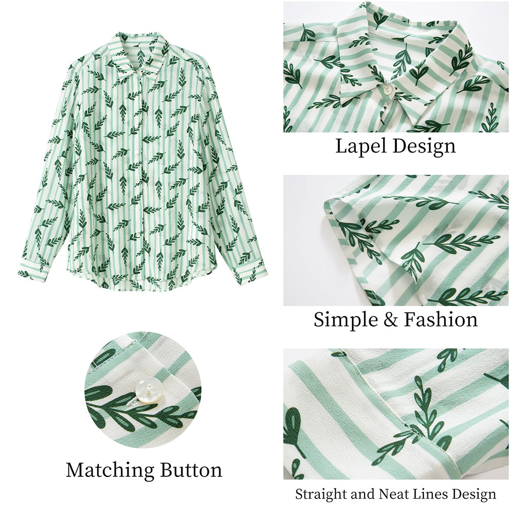 Attraco Women's Long Sleeve Leaf Print Button Down Blouse with Collared Neck