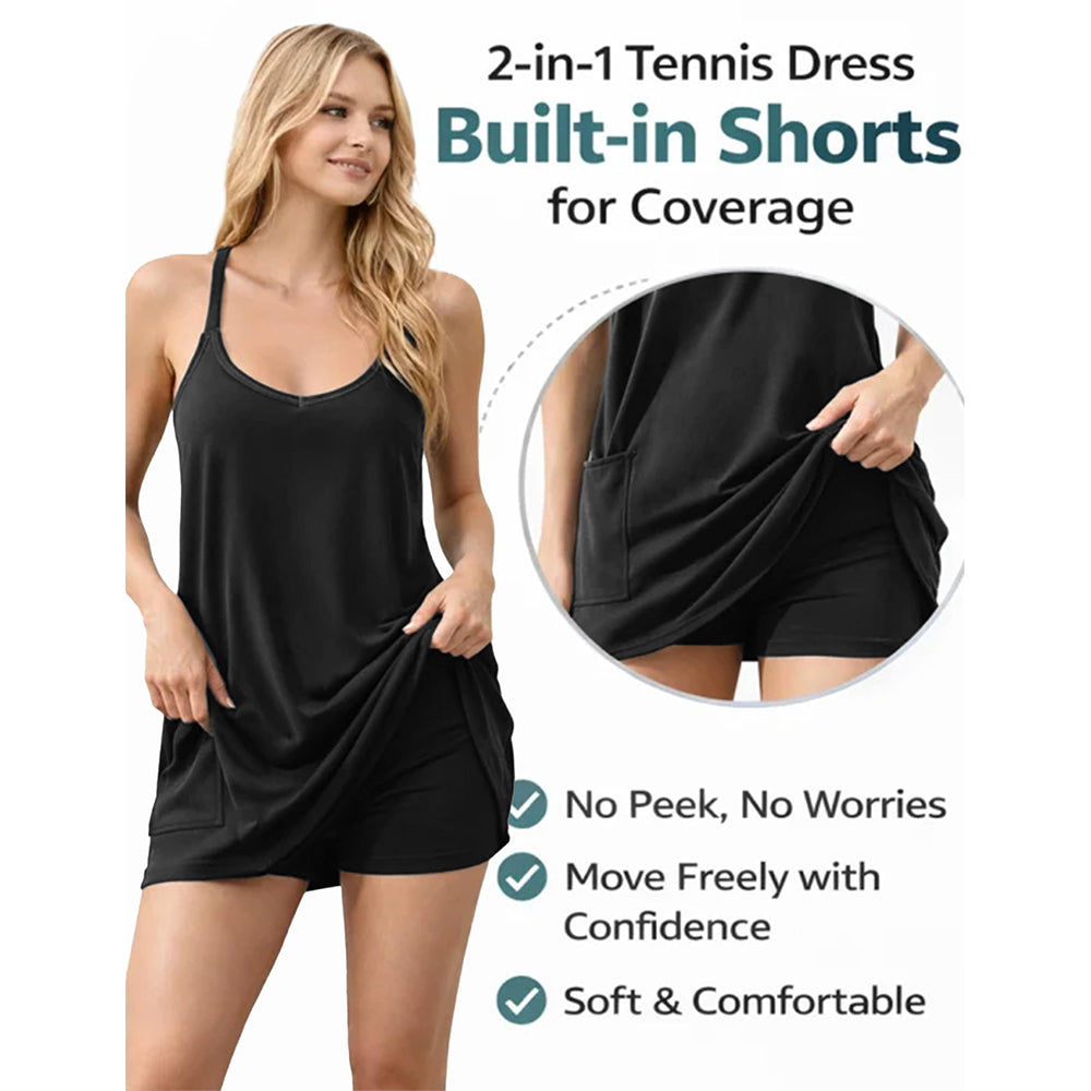 Attraco Women Spaghetti Strap V Neck Hot Shot Mini Dress Built In Shorts Pockets Tennis Workout Athletic Romper Dress