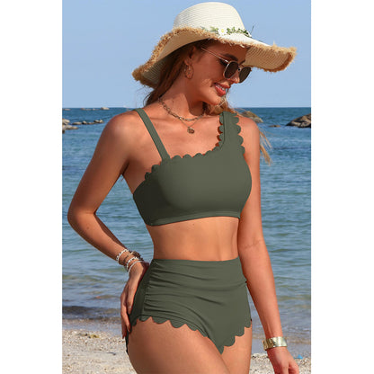Charmo Women's Convertible One-Shoulder Scalloped Bikini Set