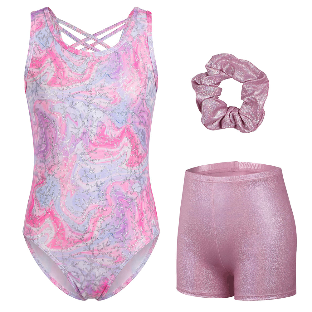 Charmo Girls' 3pc Gymnastics Leotard Set Marble Print Sleeveless Dance Bodysuit with Metallic Shorts & Scrunchie Pink 5-12 Years