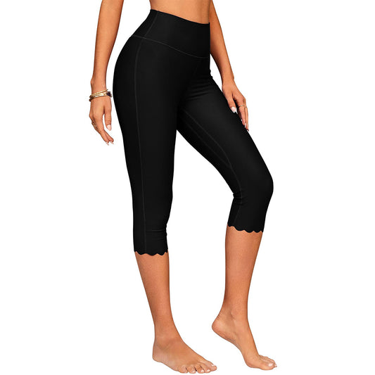 Charmo Women's High Waisted Swim Capris Scalloped Hem Swim Shorts Cropped Length Swimming Leggings
