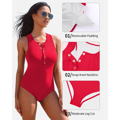 Charmo Women's Ribbed Swimsuits Button Racerback Rashguard Long Torso One Piece Bathing Suit