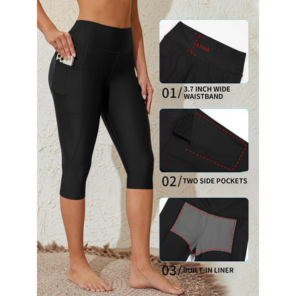 Charmo Women's High Waisted Capri Swim Leggings with Two Side Pockets Swim Shorts Swimming Leggings