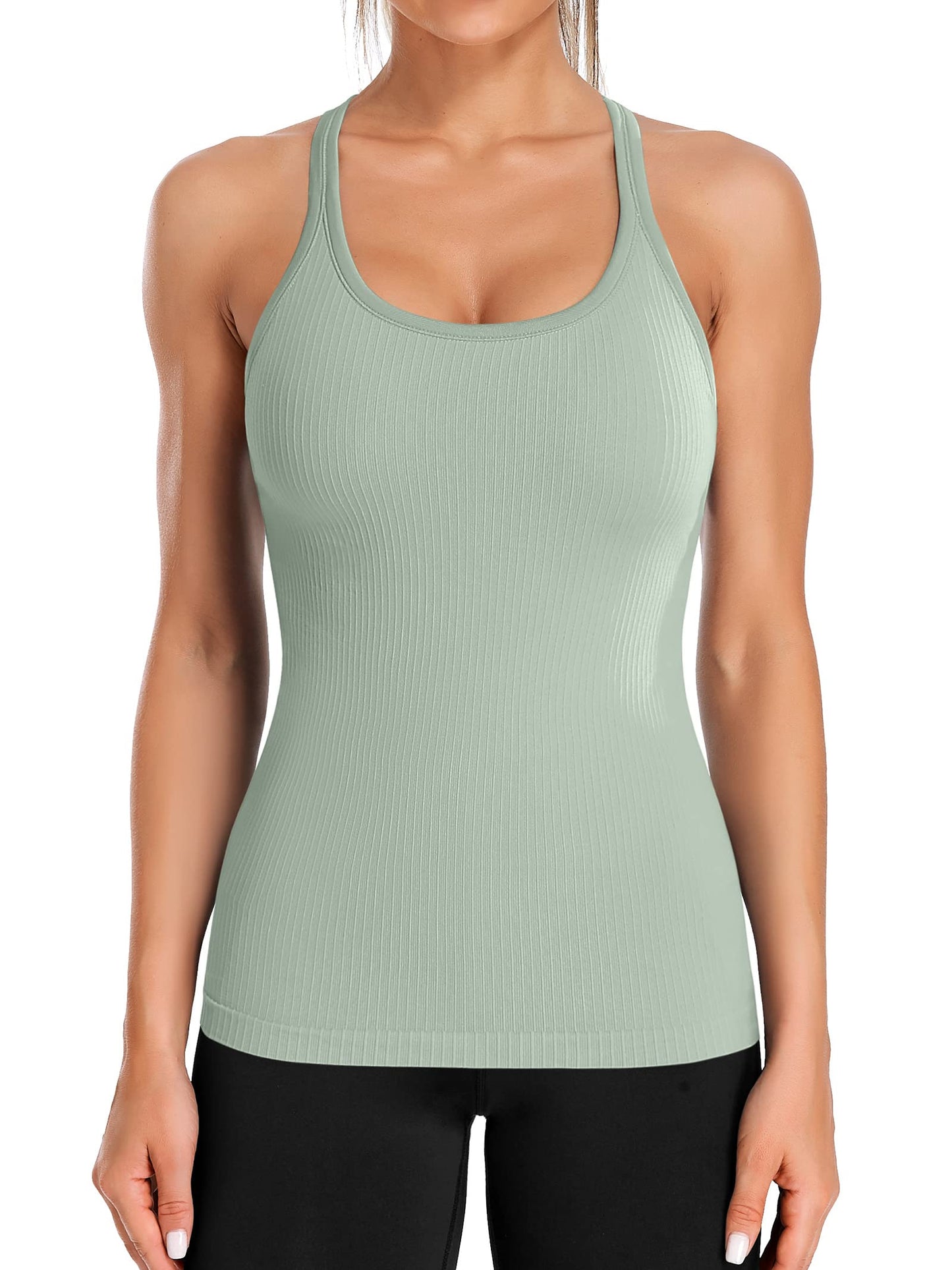 Ribbed Workout Tank Tops for Women with Built in Bra Tight Racerback Scoop Neck Athletic Top-2295
