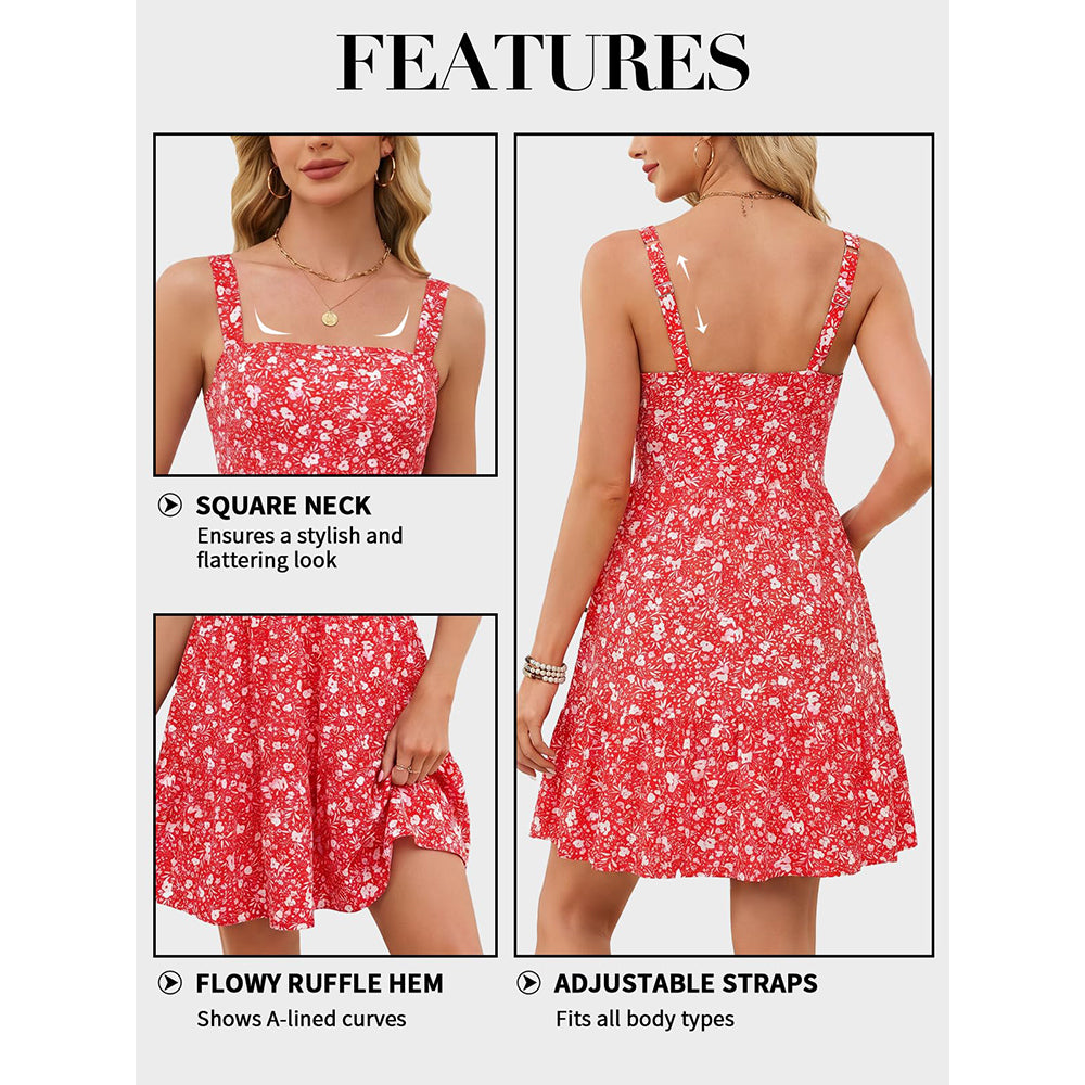 Attraco Womens Summer Dresses with Built in Bra 2026 Square Neck Beach Dress with Pockets Casual Flare Sun Dresses