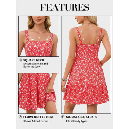 Attraco Womens Summer Dresses with Built in Bra 2026 Square Neck Beach Dress with Pockets Casual Flare Sun Dresses