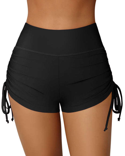 Charmo Women's Swim Shorts High Waisted Adjustable Side Tie Swimsuit Shorts with Ruffled Back Pocket Swim Bottom Board Shorts