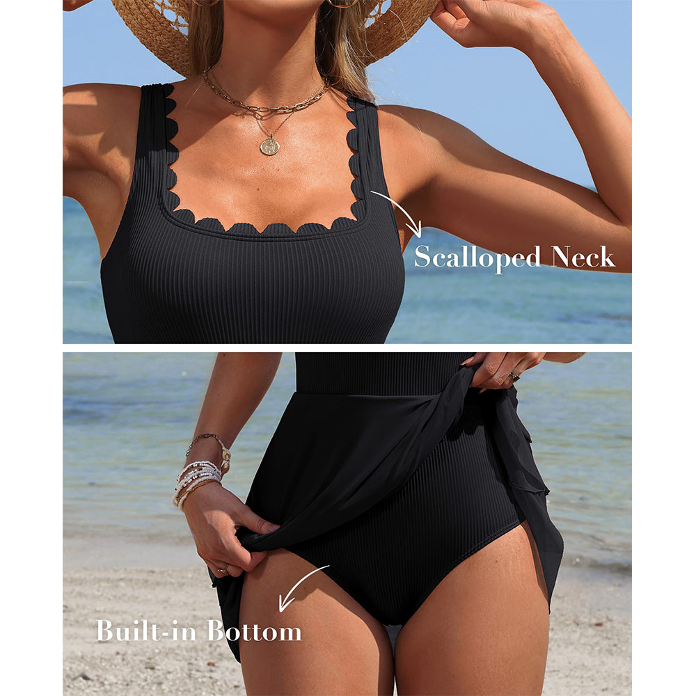 Charmo Women's Ribbed Scalloped One-Piece Swim Dress Tiered Skirt & Flattering Silhouette Swimsuits