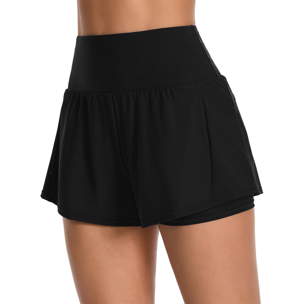 Charmo Women's High Waisted Swim Shorts Laser-Cut Design Board Shorts Built-In Boxer Brief Liner Swim Trunks With Back Waistband Pocket