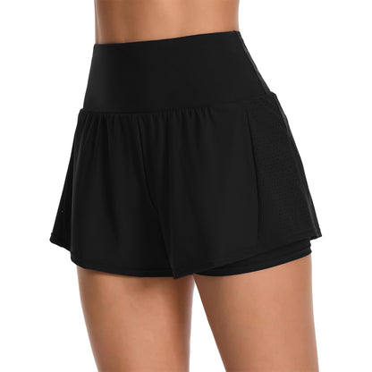 Charmo Women's High Waisted Swim Shorts Laser-Cut Design Board Shorts Built-In Boxer Brief Liner Swim Trunks With Back Waistband Pocket