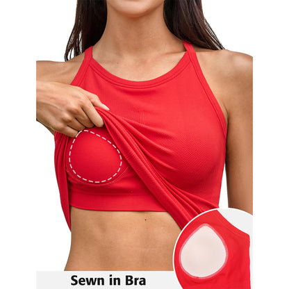 Attraco Women's Seamless Workout Tank Tops with Built in Bra Crew Neck Basic Ribbed Tank Top Racerback Athletic Camisole