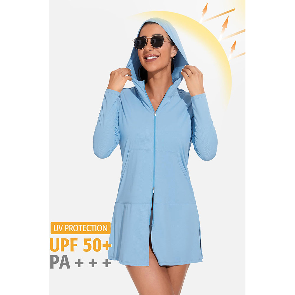Attraco Women's Rash Guard Shirts Hooded Swim Shirts with Pockets Zipper Swimsuit Cover Up