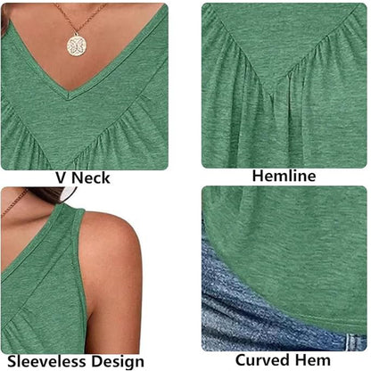 Attraco Women's V-Neck Sleeveless Tank Top with Ruched Bust and Curved Hem Summer Shirt