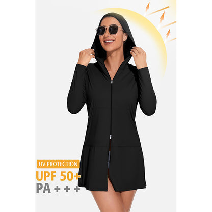 Attraco Women's Rash Guard Shirts Hooded Swim Shirts with Pockets Zipper Swimsuit Cover Up