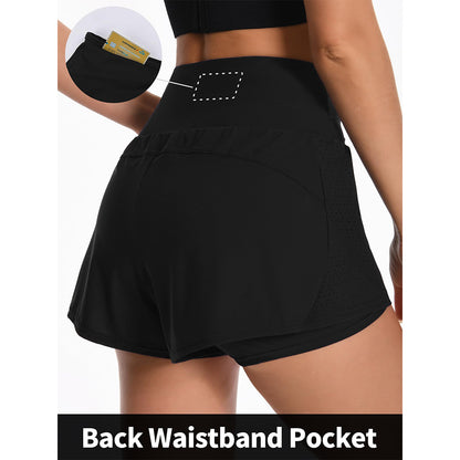 Charmo Women's High Waisted Swim Shorts Laser-Cut Design Board Shorts Built-In Boxer Brief Liner Swim Trunks With Back Waistband Pocket