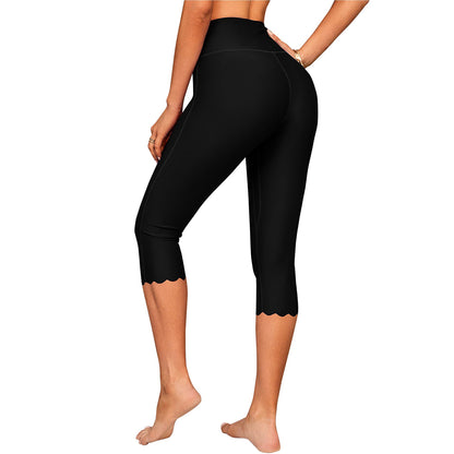Charmo Women's High Waisted Swim Capris Scalloped Hem Swim Shorts Cropped Length Swimming Leggings