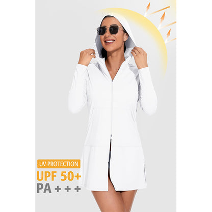 Attraco Women's Rash Guard Shirts Hooded Swim Shirts with Pockets Zipper Swimsuit Cover Up