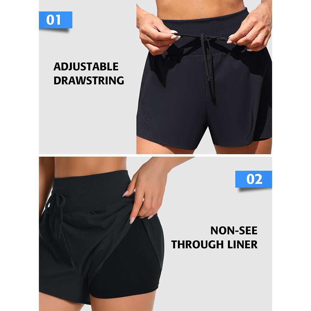 Charmo Women's High Waisted Elastic Swim Shorts with Adjustable Drawstring Built-in Liner Board Shorts