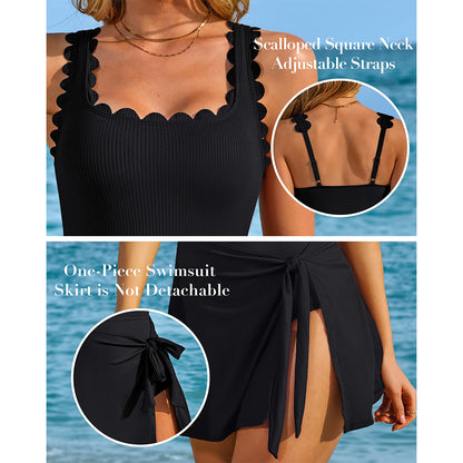 Charmo Women's One Piece Swim Dress Scalloped Square Neck Modest Swimsuits Tummy Control Bathing Suit with Skirt