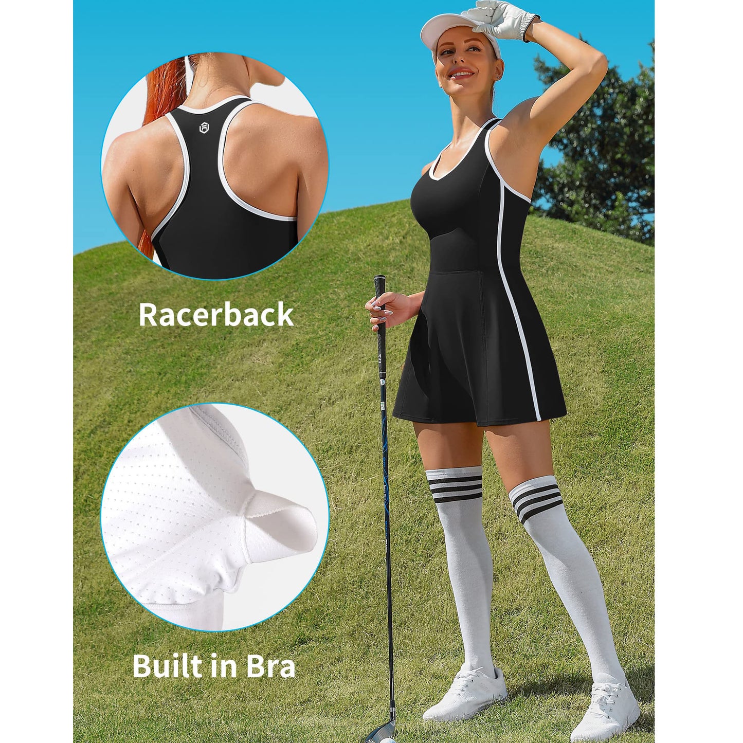 Tennis Dresses for Women with Shorts Pockets and Bra V Neck Racerback Golf Outfits-2412