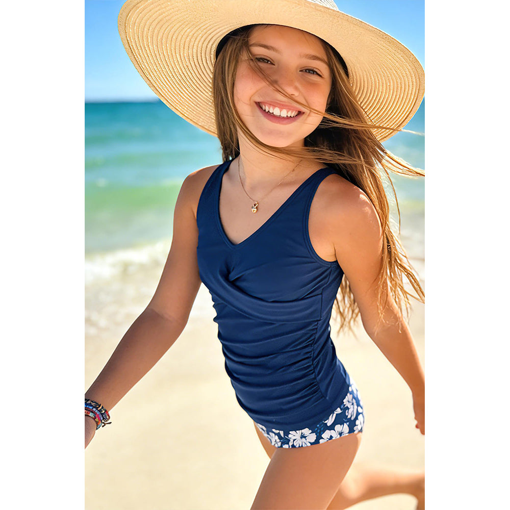 Charmo Girls Tankini Swimsuit 2 Piece V Neck Ruched Teen  Bathing Suit with Removable Pads