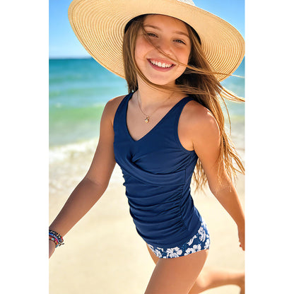 Charmo Girls Tankini Swimsuit 2 Piece V Neck Ruched Teen  Bathing Suit with Removable Pads