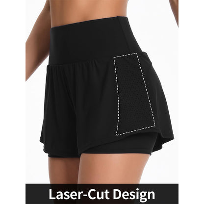 Charmo Women's High Waisted Swim Shorts Laser-Cut Design Board Shorts Built-In Boxer Brief Liner Swim Trunks With Back Waistband Pocket