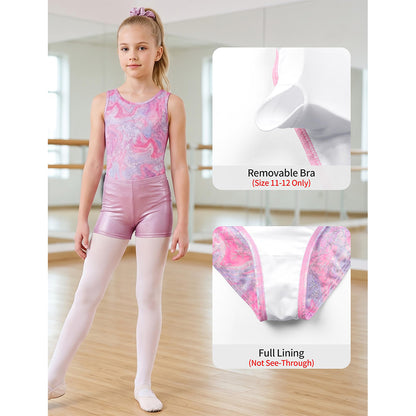 Charmo Girls' 3pc Gymnastics Leotard Set Marble Print Sleeveless Dance Bodysuit with Metallic Shorts & Scrunchie Pink 5-12 Years