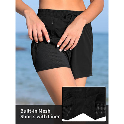 Charmo Women's Swim Shorts Side Split Swim Trunk 2 in 1 Board Shorts with Zip Pockets Swim Bottom