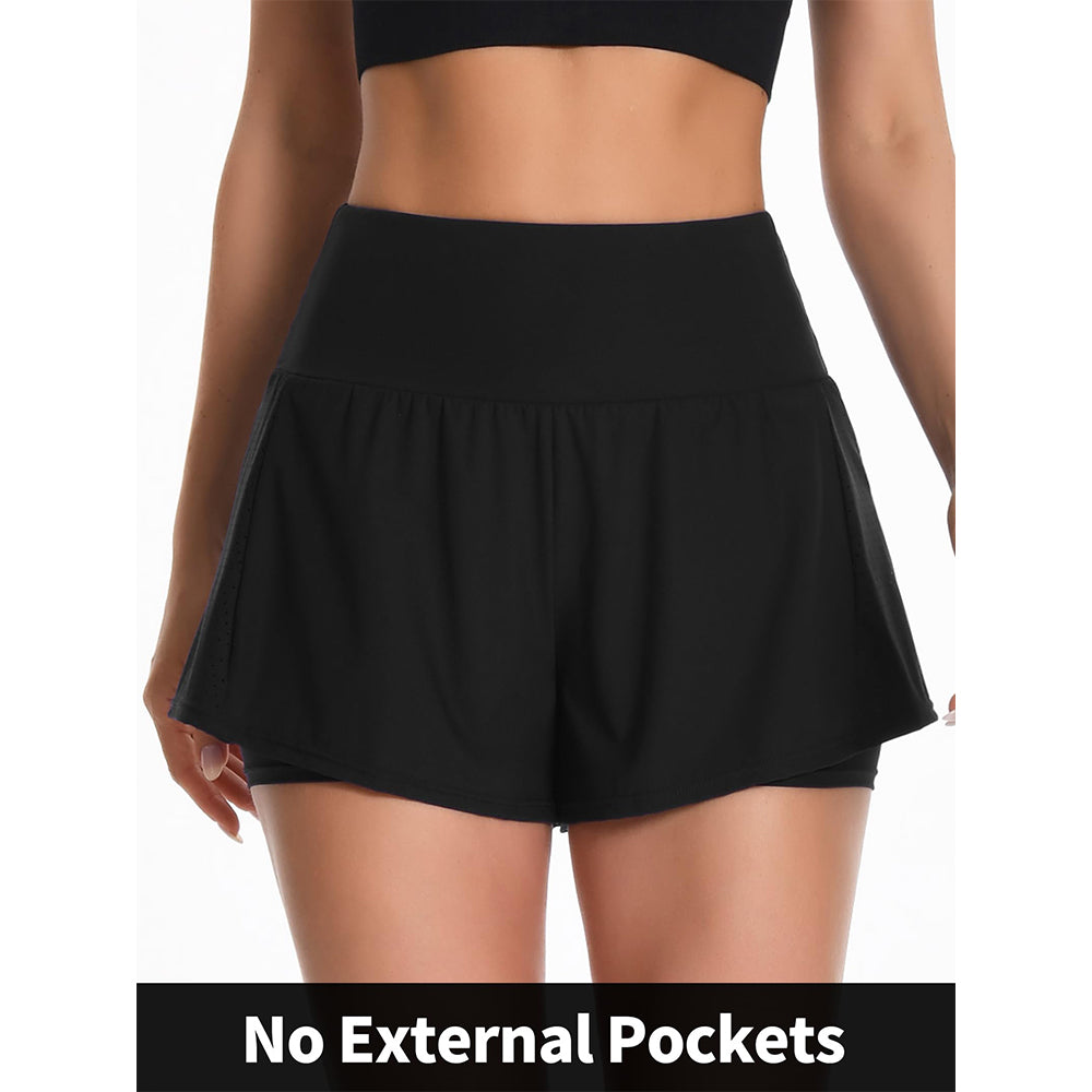 Charmo Women's High Waisted Swim Shorts Laser-Cut Design Board Shorts Built-In Boxer Brief Liner Swim Trunks With Back Waistband Pocket