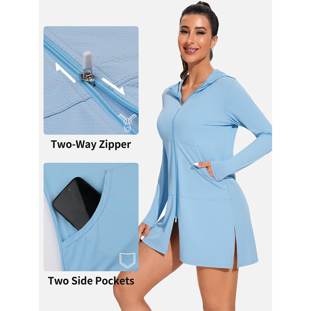 Attraco Women's Rash Guard Shirts Hooded Swim Shirts with Pockets Zipper Swimsuit Cover Up