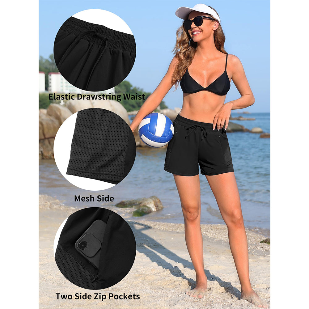 Charmo Women's Swim Shorts Side Split Swim Trunk 2 in 1 Board Shorts with Zip Pockets Swim Bottom