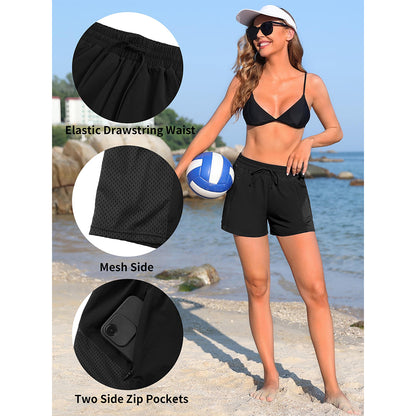 Charmo Women's Swim Shorts Side Split Swim Trunk 2 in 1 Board Shorts with Zip Pockets Swim Bottom