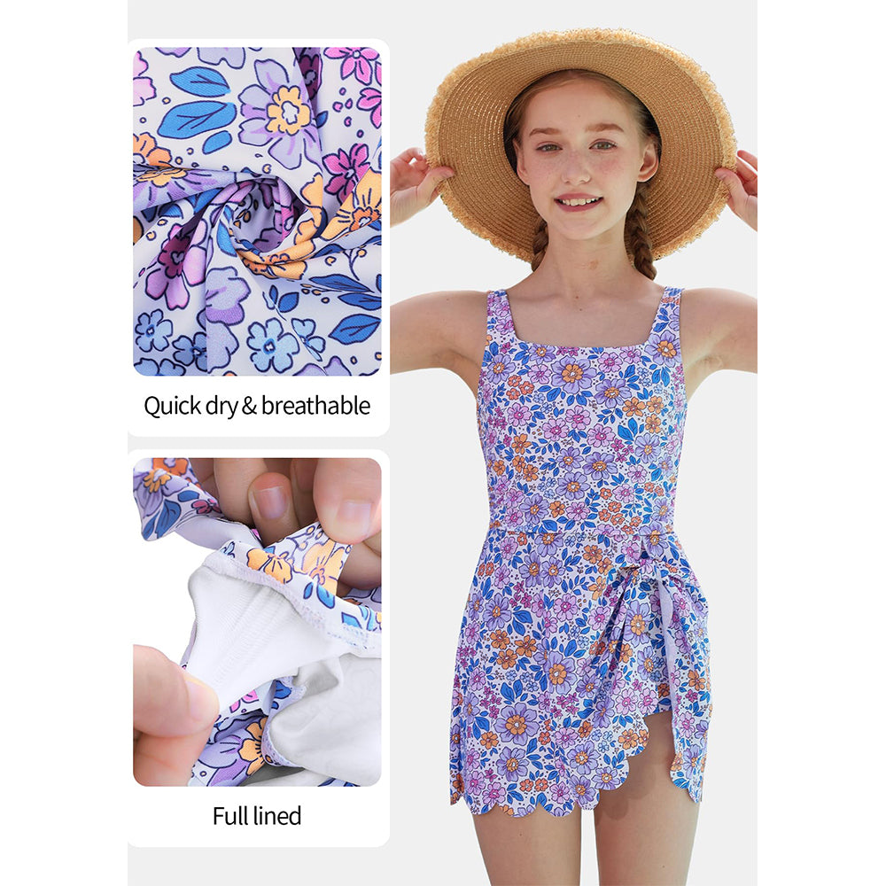 Charmo Girls Floral Square Neck Side Tie One Piece Swimsuit with Built-in Shorts Scalloped Kid's Bathing Suit Size 8-16 Years