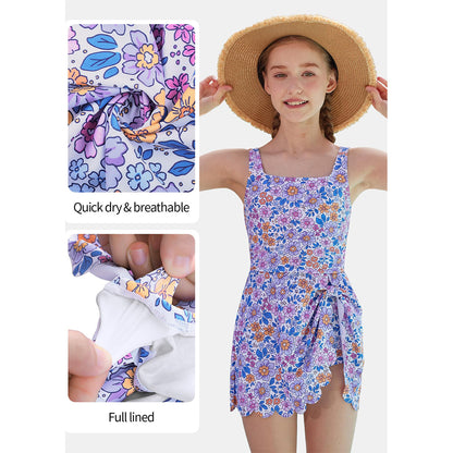 Charmo Girls Floral Square Neck Side Tie One Piece Swimsuit with Built-in Shorts Scalloped Kid's Bathing Suit Size 8-16 Years