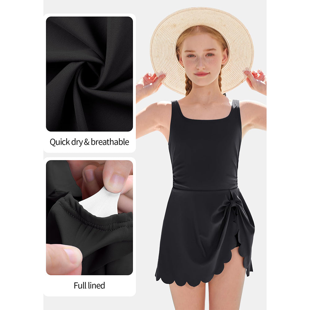 Charmo Girls Square Neck Side Tie One Piece Swimsuit with Built-in Shorts Scalloped Hem Kid's Bathing Suit Size 8-16 Years