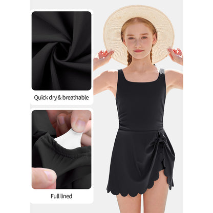 Charmo Girls Square Neck Side Tie One Piece Swimsuit with Built-in Shorts Scalloped Hem Kid's Bathing Suit Size 8-16 Years