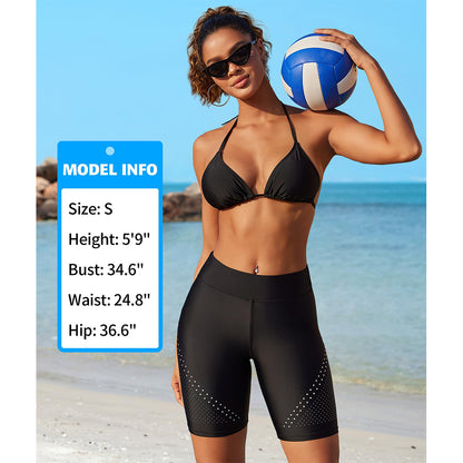 Charmo Women's High Waisted Tummy Control Knee Length Studded Dot Swim Shorts