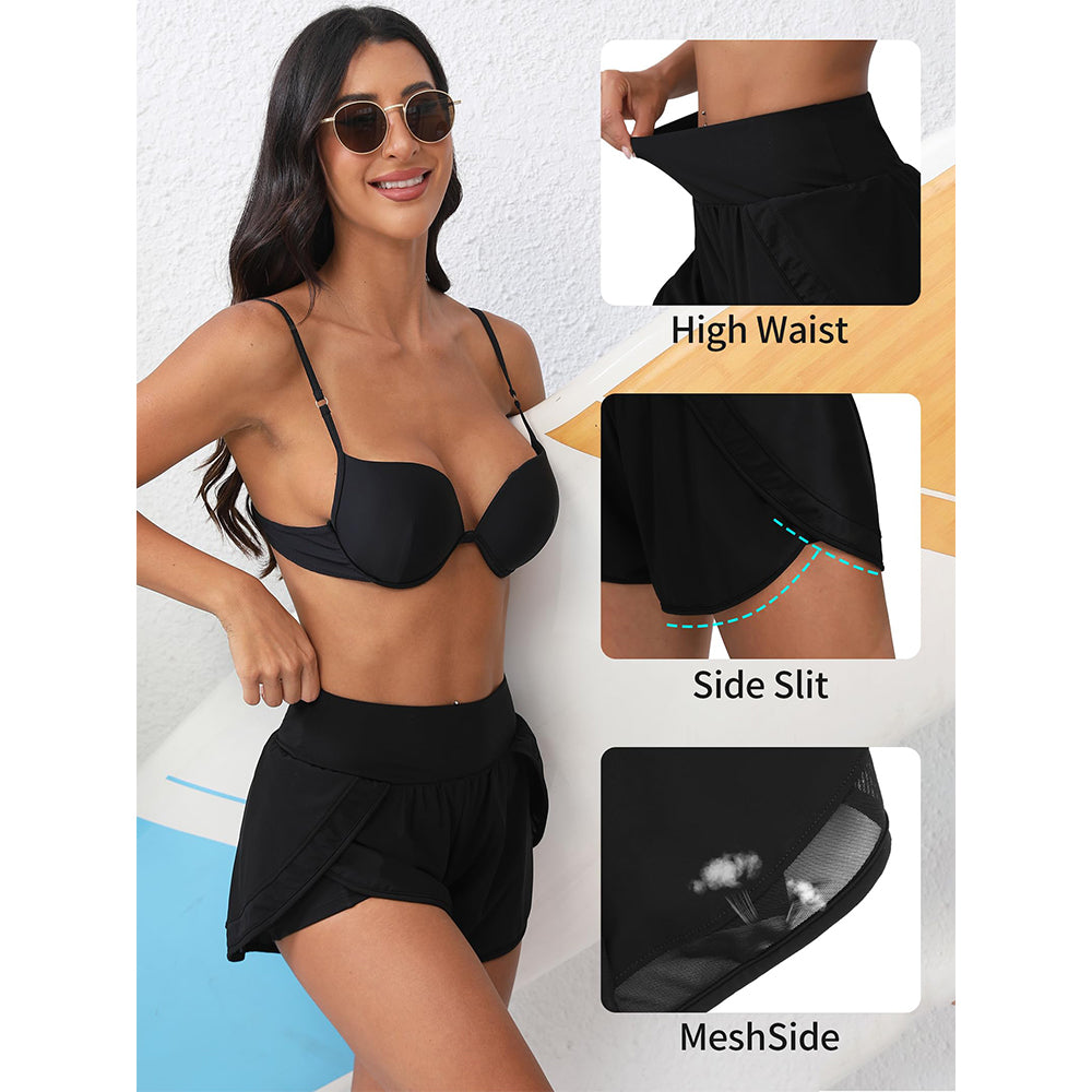 Charmo Women's High Waisted Swim Shorts Mesh Side Swim Trunk 2 in 1 Board Shorts Swim Bottom
