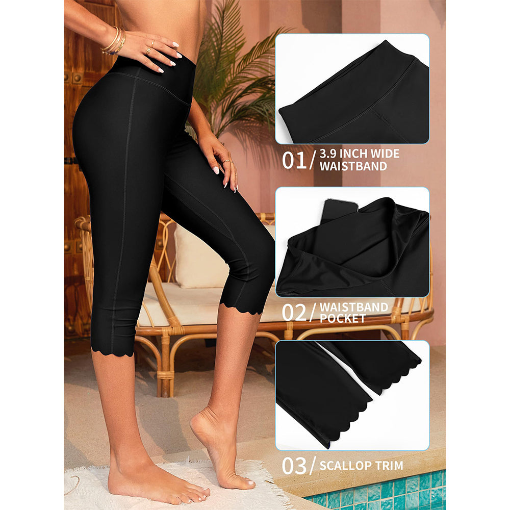 Charmo Women's High Waisted Swim Capris Scalloped Hem Swim Shorts Cropped Length Swimming Leggings