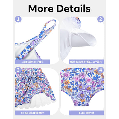 Charmo Girls Floral Square Neck Side Tie One Piece Swimsuit with Built-in Shorts Scalloped Kid's Bathing Suit Size 8-16 Years