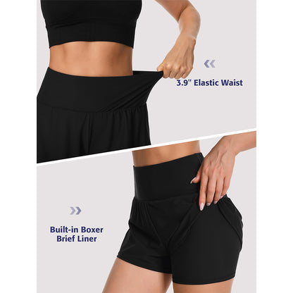 Charmo Women's High Waisted Swim Shorts Laser-Cut Design Board Shorts Built-In Boxer Brief Liner Swim Trunks With Back Waistband Pocket