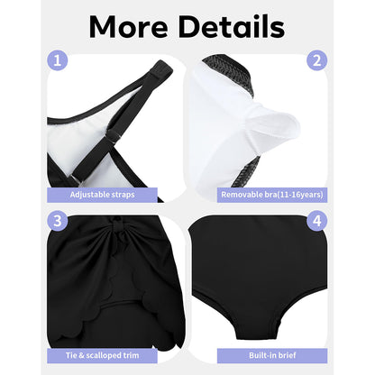 Charmo Girls Square Neck Side Tie One Piece Swimsuit with Built-in Shorts Scalloped Hem Kid's Bathing Suit Size 8-16 Years