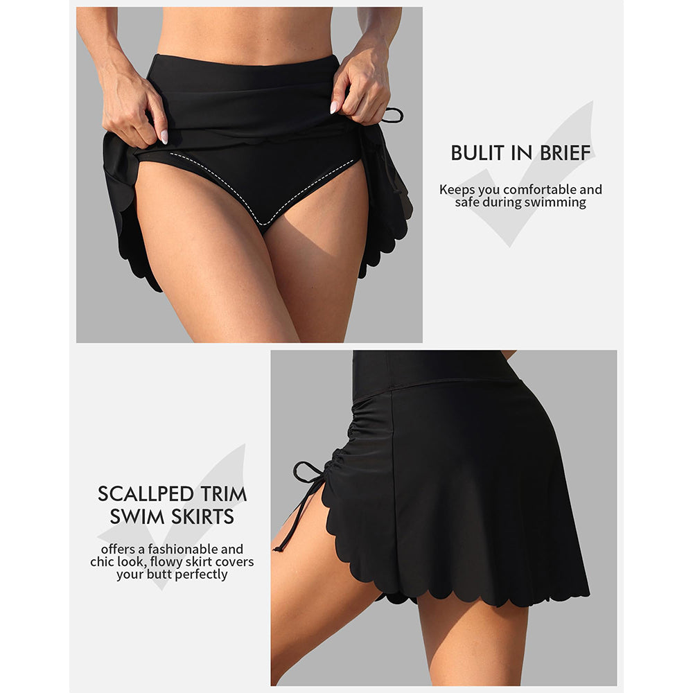 Charmo Women's Ruched Scallop Trim Swim Skirt Bottoms High Waisted Bathing Suit Skirts Split Tankini Swimsuit Bottom