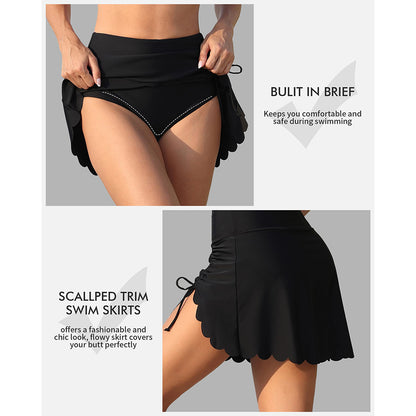 Charmo Women's Ruched Scallop Trim Swim Skirt Bottoms High Waisted Bathing Suit Skirts Split Tankini Swimsuit Bottom
