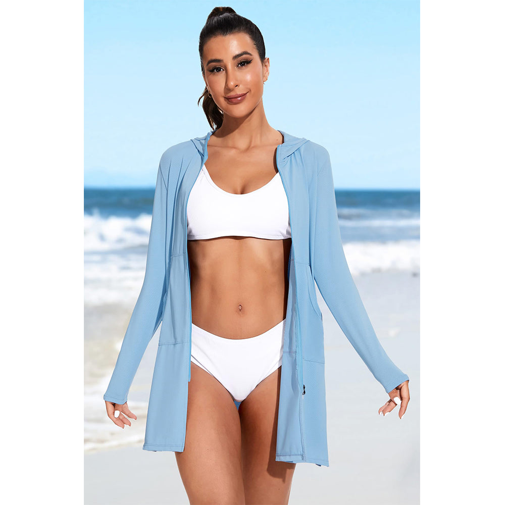 Attraco Women's Rash Guard Shirts Hooded Swim Shirts with Pockets Zipper Swimsuit Cover Up