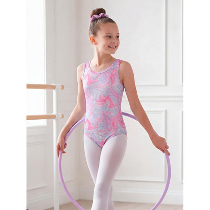 Charmo Girls' 3pc Gymnastics Leotard Set Marble Print Sleeveless Dance Bodysuit with Metallic Shorts & Scrunchie Pink 5-12 Years